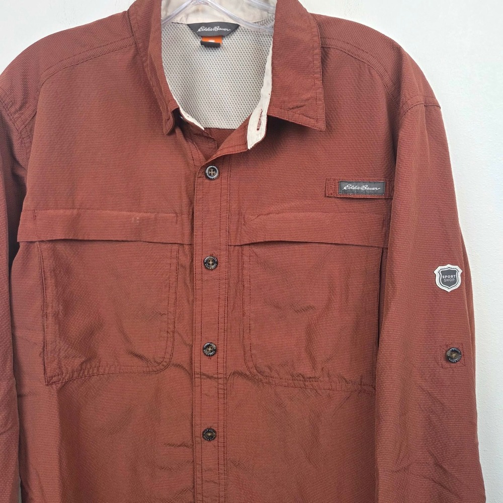 Eddie Bauer Sport Shop Mens Medium Fishing Shirt Rust Orange Long Sleeve Vented